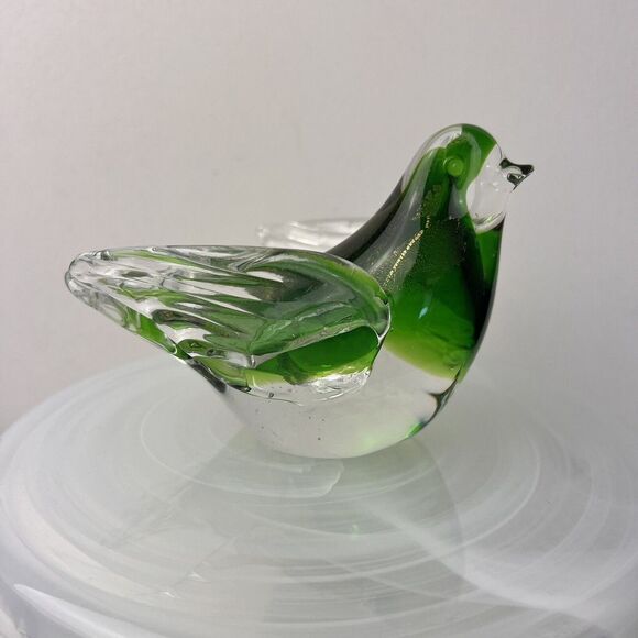 Murano Style  Glass Bird Dove Paperweight Decor Clear Glass GreenGold Inlay - Picture 8 of 10